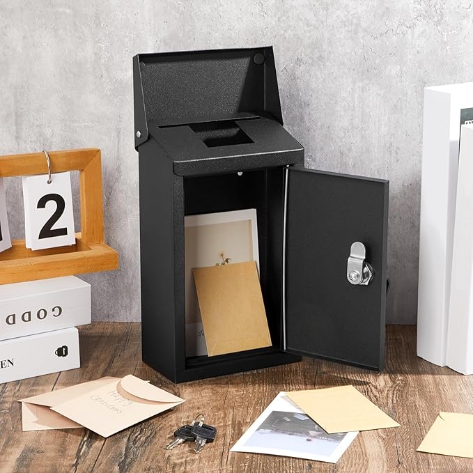 Metal Mount Wall Donation Box Key Lock Money Cash Drop Box with Top Slot and 2 Pcs Reflective Sign 10 x 5.5 x 3 Inch Safe Lock Mailbox with 2 Keys for Outside Office Business Home(Black)