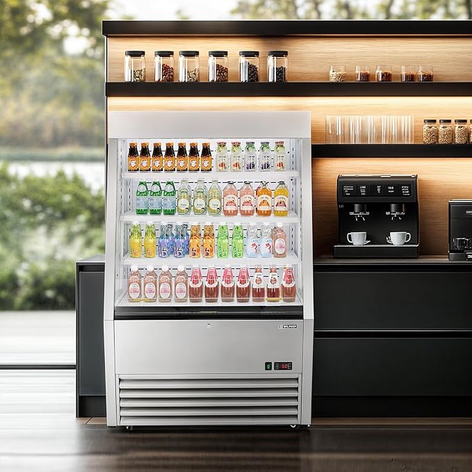 Wilprep Commercial Display Refrigerator, 36" Open Air Merchandiser with 12.2 cu. ft. Volume LED Lighting Night Curtain, Grab and Go Display Refrigerator Showcase for Store Cafe Bar Shop