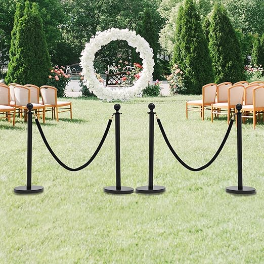 Crowd Control Stanchion Set, 4 Packs Stanchion Set with 4.92 ft/1.5 m Black Retractable Belt and 2 Ropes, Black Crowd Control Barrier for Theaters, Parties, Wedding, Exhibition