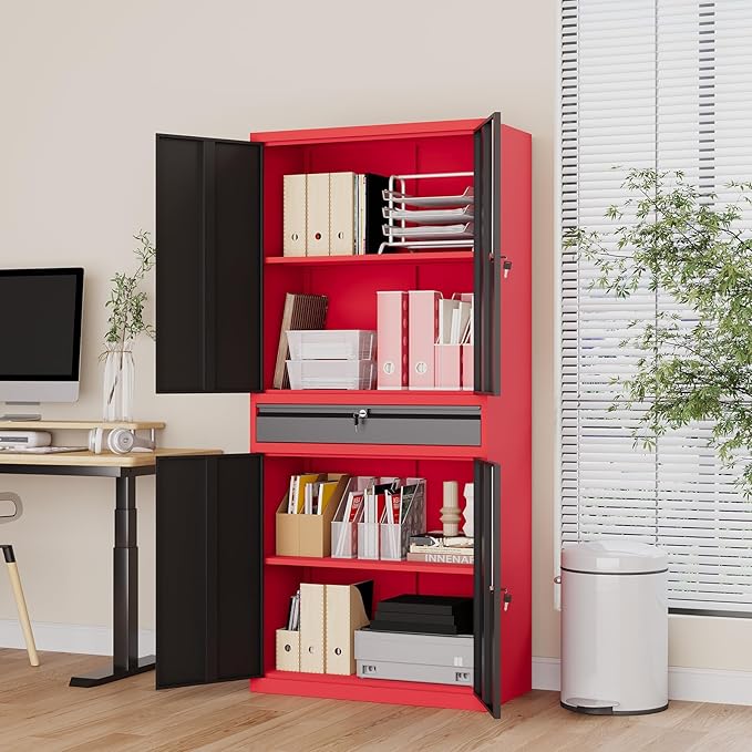 Metal Garage Storage Cabinet with Locking Doors and Drawer, 71" Steel Tool Storage Cabinet with Adjustable Shelves for Garage,Office,Warehouse (Red Black)