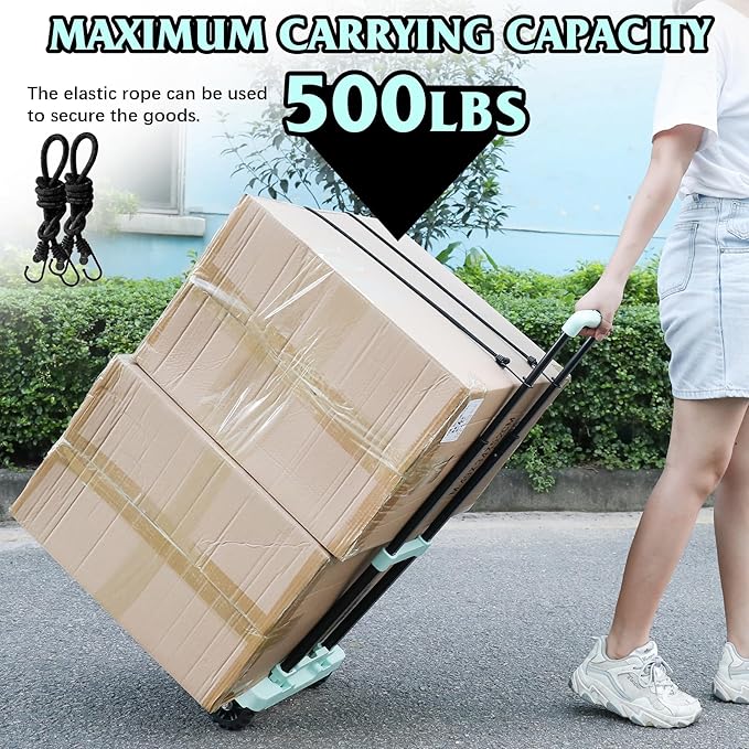 Heavy-Duty 500LB Capacity Hand Truck with One-Touch Retractable Handle & Extendable Plate, Portable Collapsible Dolly Cart with 4 Wheels w/Brakes Folding Luggage Cart for Travel/Home Use, Green