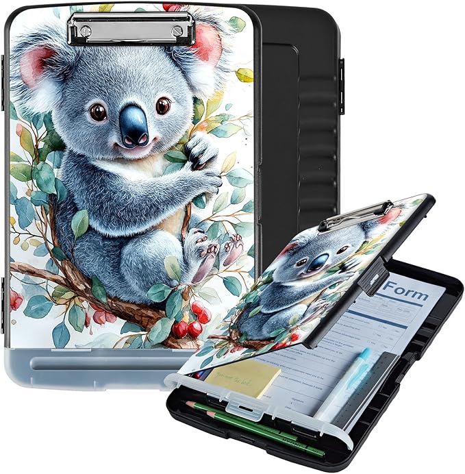 Clipboard with Storage Box & Pen Holder,Heavy Duty Clip Boards 8.5x11 for Nursing,High Capacity,School & Office Supplies,Cute Koala