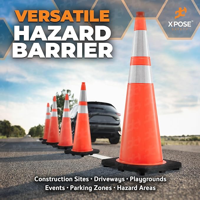 Xpose Safety 36 Inch Orange Traffic Cones with 6" & 4" Collars, 4-Pack - Multipurpose PVC Plastic Safety Cone for Parking, Soccer, Caution, Kids and Construction - DOT Approved