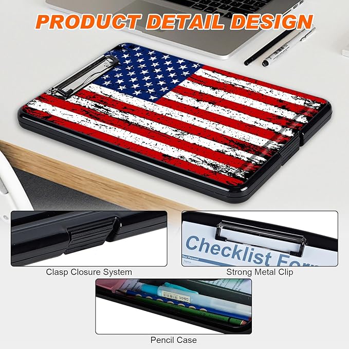 Clipboard with Storage, Hard Letter A4 Size Clip Board with Pen Holder & Paper Organizer, Heavy Duty Portable Writing Pad for Nurses Students Teachers Office Jobsite Contractor, American Flag 2