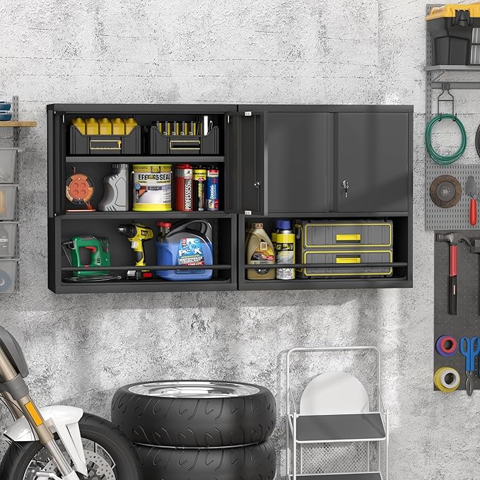 GREATMEET Garage Wall Cabinet, Metal Garage Storage Cabinets, Locking Utility Cabinet, Hanging Cabinets for Wall, Wall-Mounted Garage Cabinets, Black