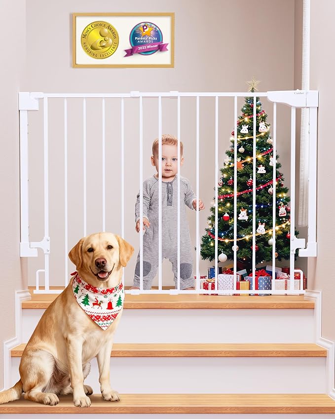 Cumbor 29.2–43" Baby Gate for Stairs, Wall-Mounted (Drill Required), Expandable No Bottom Bar Dog Gate, Auto Close Extra Wide Walk Thru, Pet & Toddler Proof Gate, Top & Bottom of Stairways (White)