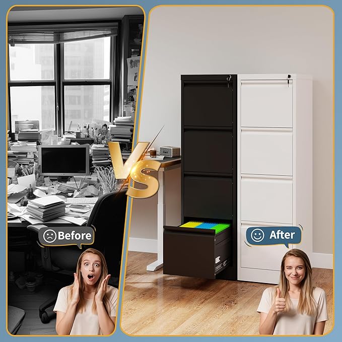 4 Drawer File Cabinet with Lock, Vertical Filing Cabinets for Home Office, Metal Storage Cabinets, Heavy Duty File Cabinet for Letter/Legal/A4/F4 Size Amssebly Required, Black