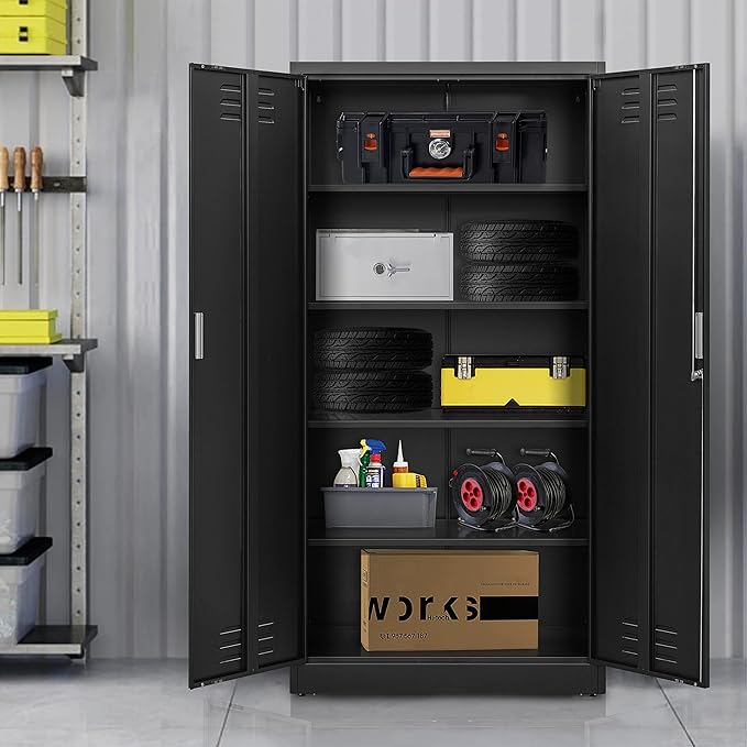 Metal Storage Cabinet with Locking Doors and Shelves, 71" Large Garage Locker with 4 Adjustable Shelves, Steel File Cabinet for Office, Garage, Home & Pantry (Black)