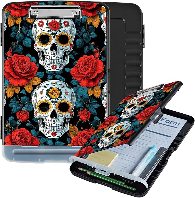 Clipboard with Storage Box & Pen Holder,Heavy Duty Clip Boards 8.5x11 for Nursing,High Capacity,School & Office Supplies,Skull Roses Pattern