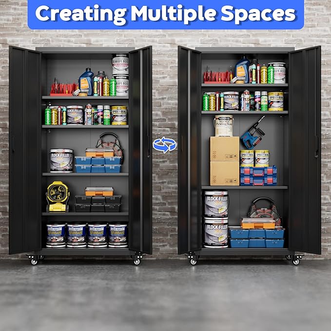 73" H×31.57" W×15.71" D Garage Storage Cabinet with Wheels, Metal Storage Cabinet with 4 Adjustable Shelves and Lockable Doors for Garage Home Office Utility Room,Required Assembly,Black