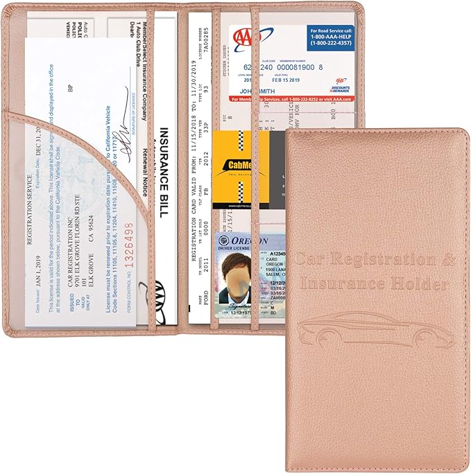Cacturism Car Registration and Insurance Holder, Vehicle Glove Box Car Organizer Men Women Wallet Accessories Case with Magnetic Shut for Cards, Essential Document, Driver License, Rose Gold