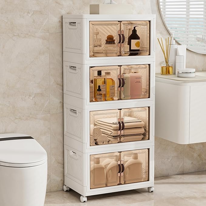 Storage Bins with 2 Lids and Wheels, 597QT-99.5QT*6Tier Collapsible Bathroom Storage Cabinet with Clear Doors, Plastic Stackable Closet Organizers and Containers White