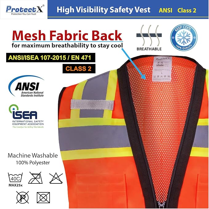 ProtectX 6 Pockets High Visibility Safety Vest for Men Women Class 2 Reflective Hi Vis Work Construction Vest