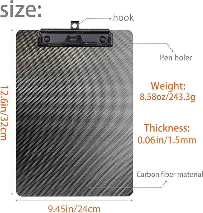 Hardened 9.4" Wx12.6 L 3K Carbon Fiber Clipboard Ultimate Light and Thin Portable Cool Black Twill Smooth Hard Writing Board Black Low Profile Clip Hide Hook Art Paint Draw