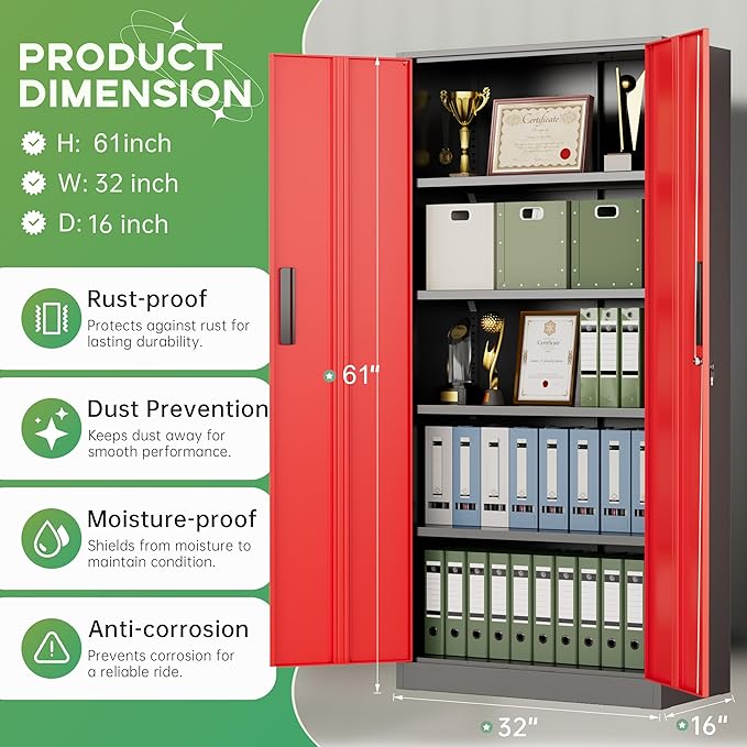 INTERGREAT Metal Storage Cabinet with Lock, 61" H Metal Cabinets Storage with 2 Doors and 4 Adjustable Shelves, Locking Garage Cabinet for Home Office, Kitchen, Bathroom (Black Red)