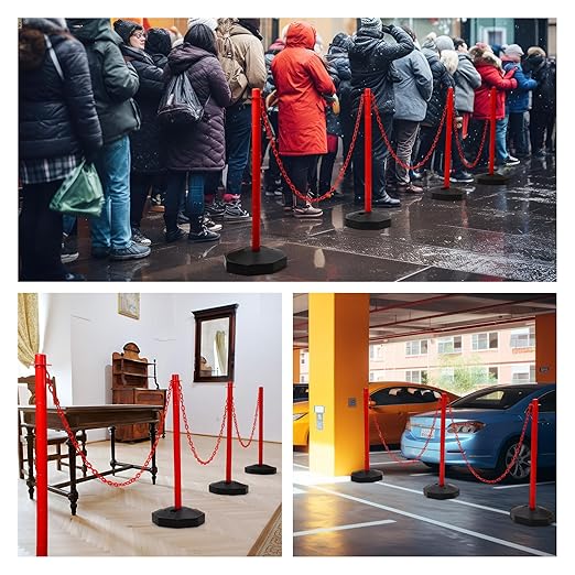 Geiserailie 12 Pack Crowd Control Stanchions Plastic Stanchions Poles with 5FT Plastic Chain Crowd Control Barrier with Fillable Base Traffic Delineator Post for Parking Lot Construction Cone (Red)