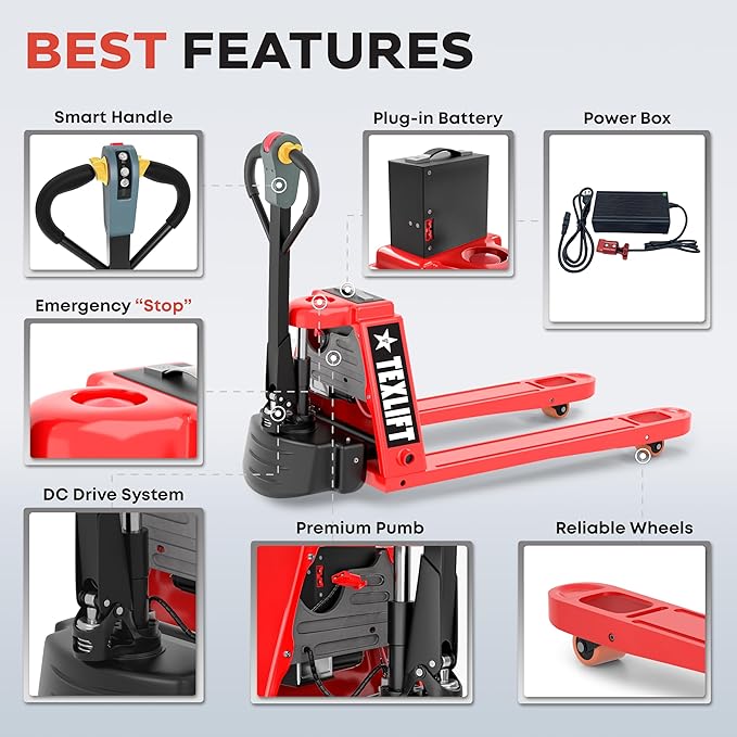 Full Electric Power Pallet Jack – Standard Duty Pallet Truck 3300 Lb Capacity, 48” L x 27” W Fork Size, Plug-in 48V/15A Lithium Battery – Max Lift Height 7.8 Inch - (US-EPT33K-FE)