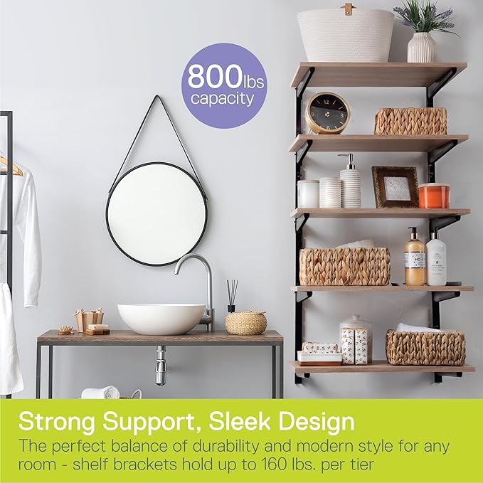 Minimalistic Black Shelf Brackets by Delta Cycle, Set of 10 Fully Adjustable 12-inch Heavy Duty Shelf Brackets, Holds Up to 480 lbs, Modern Shelf Bracket for Wood Shelves