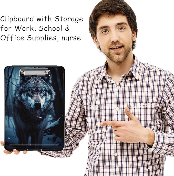 Clipboard with Storage, High Capacity Plastic Storage Clipboard with Low Profile Clip for Women Teachers Work, School & Office Supplies, Cute Pattern Decorative Clipboards, Grey Wolf