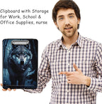 Clipboard with Storage, High Capacity Plastic Storage Clipboard with Low Profile Clip for Women Teachers Work, School & Office Supplies, Cute Pattern Decorative Clipboards, Grey Wolf