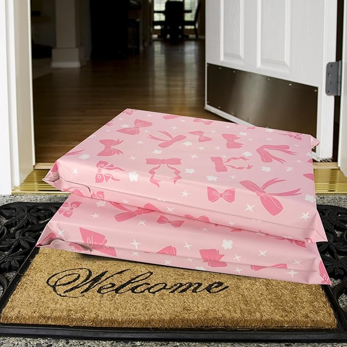 Poly Mailers 6x9 Inch 100 Pcs - Pink Bow printed Shipping Bags, 2.4mil Thickness, Waterproof and Tear Resistant Mailing Envelopes, Self-Sealing Packaging Bags for Small Business