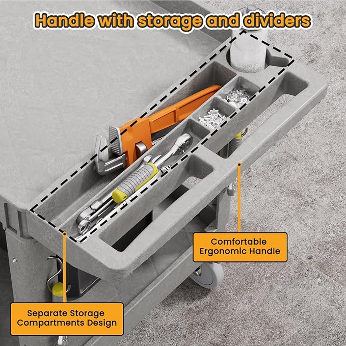 2-Tier Rolling Tool Cart,Heavy-Duty Plastic Service Cart with Lipped Shelves,550 lbs Capacity Utility Cart,46 x 26 Inch Rolling Work Carts for Garage,Salon,Kitchen,Office-Gray