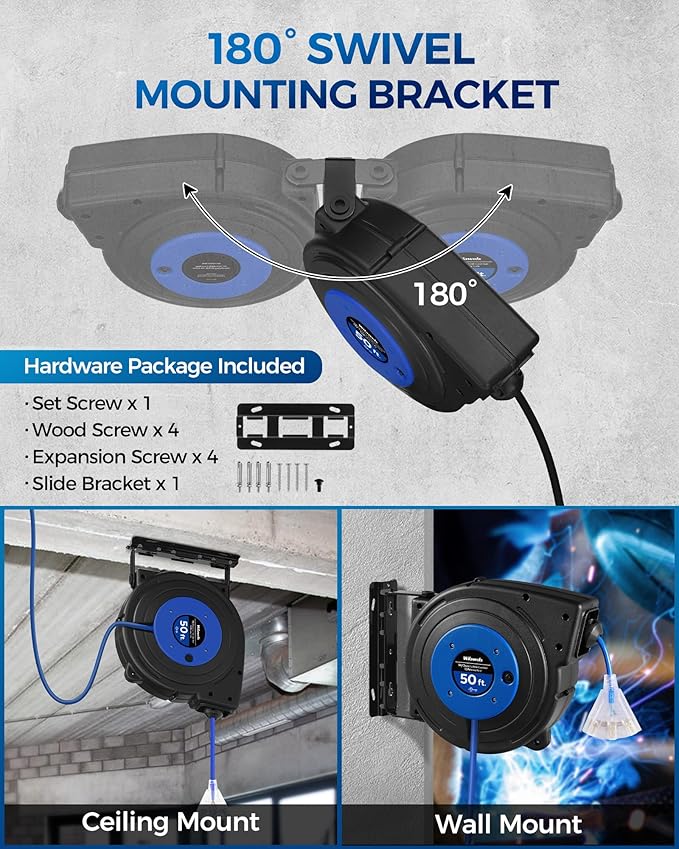 Retractable Extension Cord Reel, 50 FT Heavy Duty Power Cord, 14AWG/3C SJTOW, 3 Grounded Outlets Lighted Triple Tap, 13 Amp Circuit Breaker, UL Listed, Blue U50CR06