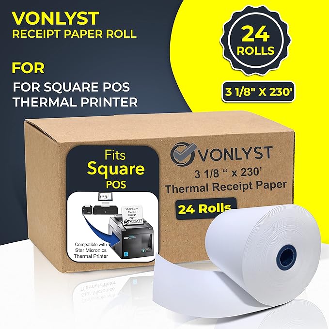 Receipt Paper Roll 3 1/8 x 230 for Square Register and Square POS System connected to Star Micronics Thermal Printer (Pack 24 rolls)