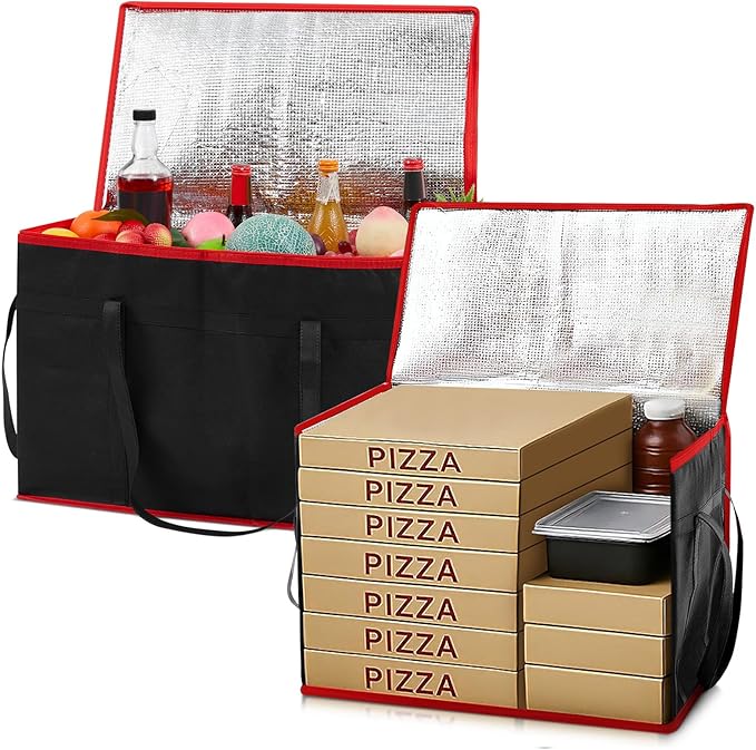 Maxcheck 2 Pcs Insulated Bags for Food Delivery XXXL Large Capacity Hot Grocery Tote Bag Reusable Warming Pizza Catering Carrier for Commercial Travel Lunch Shopping Gifts (Red Edge)