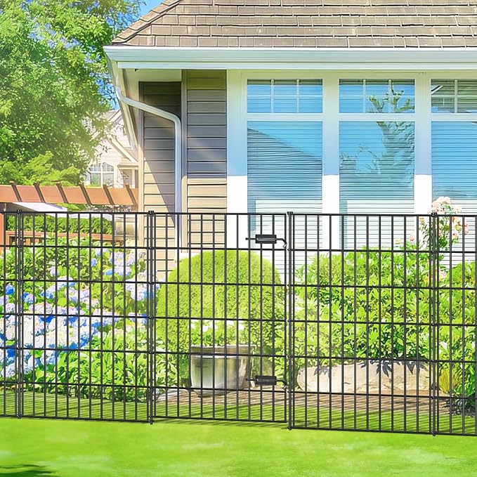Metal Garden Fence with Gate 40in (H) x 11.7ft (L), 1 Gate + 4 Panels Dog Fence Border Fence Animal Barrier, No Dig Garden Fencing for Yard Flower Bed Lawn Patio Outdoor, PIN402805G Black