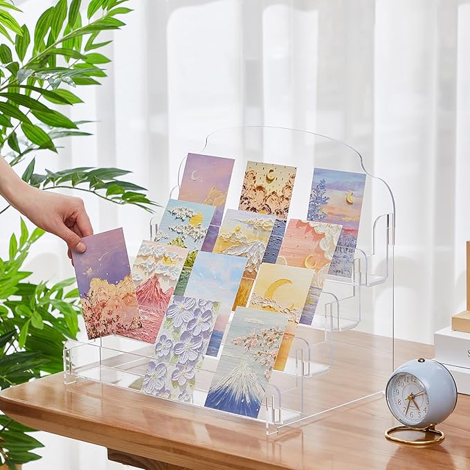 Menkxi Clear Acrylic Greeting Card Display Stand Portable Sticker Display Stand Card Display Rack Holder Postcard Organizer for Retail Counter Desk Stamp Mail Photo Storage(4 Tier,16''x10''x14'')