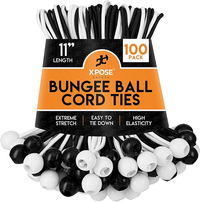 Xpose Safety Bungee Ball Cords 11" 100 Pack Heavy Duty Assorted Colors Black and White Stretch Rope with Ball Ties for Canopies, Tarps, Walls, Cable Organization