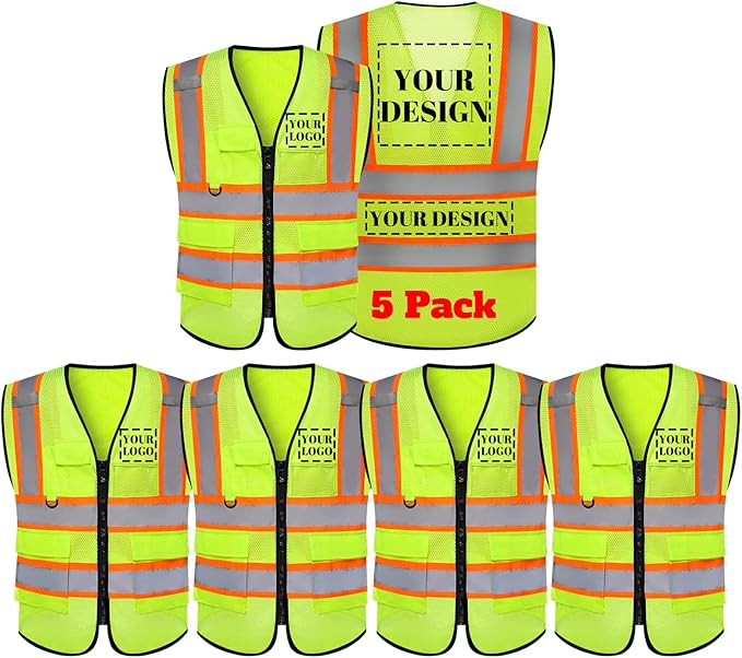 Safety Vest Reflective High Visibility with 5 Pockets ＆Zipper Class 2 Adult Unisex Construction Security Workwear