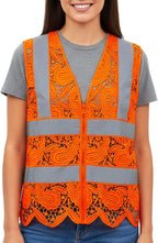 Lace-Mesh Safety Vest for Women & Men - Breathable, High Visibility Vest with Zipper & ANSI Class 2 Reflective Strips