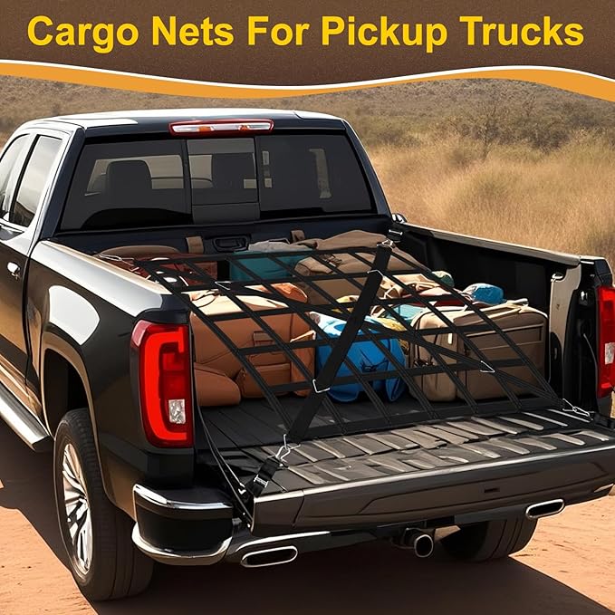 Cargo Net for Pickup Truck Bed, Heavy Duty 1100 lbs Capacity, Adjustable Cam Buckles & S-Hooks, Thick Herringbone Nylon, with Drawstring Storage Bag for Trailers and Trucks (50in*43in)