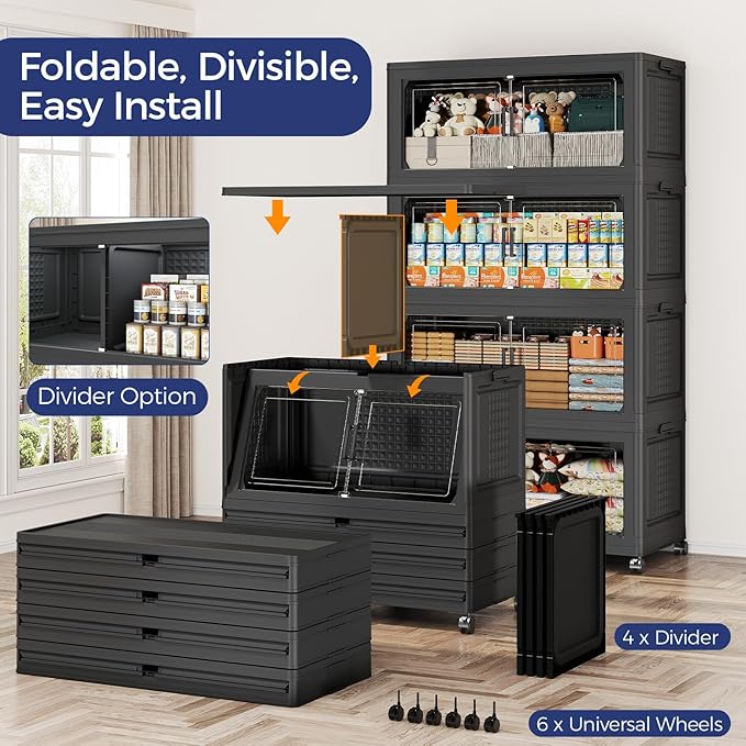 160GAL Storage Bins with Lid and Wheels, Stackable Closet Organizers and Storage Drawer, Collapsible Storages Box with Dividers, Foldable Plastic Cabinets for Room, Kitchen, 4 Pack Black