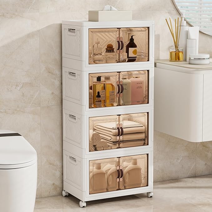 Storage Bins with Lids and Wheels, 180QT-45QT*4Tier Collapsible Bathroom Storage Cabinet with Clear Doors, Plastic Stackable Closet Organizers and Containers White