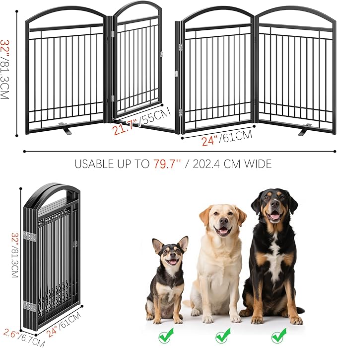 Folding No-Assembly Metal Freestanding Dog Gate with Door Walk Through,32" Height Pet Fence,96" Extra Wide Accordion Puppy Folding Playpen for Doorways,House,Stairs (4 Panels,Black)