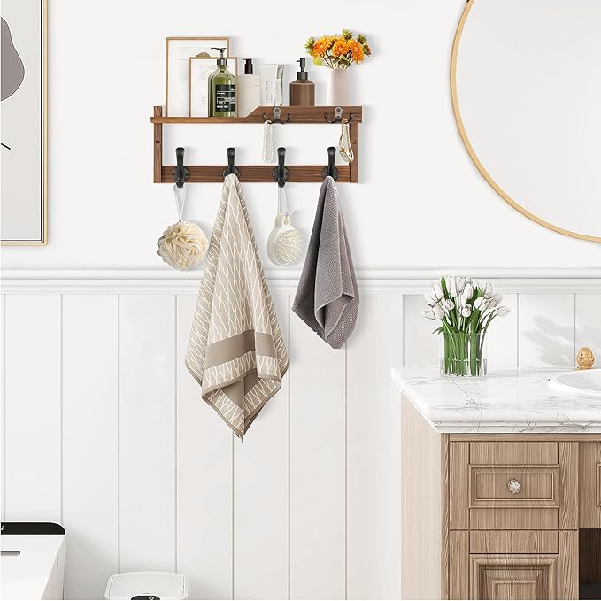 Coat Rack Wall Mount with Shelf, Coat Hanger Wall Mount with Key Hooks and Mail Holder, Wood Entryway Floating Shelf with Hooks and Storage, Hat Rack for Wall Key Holder Mail Organizer