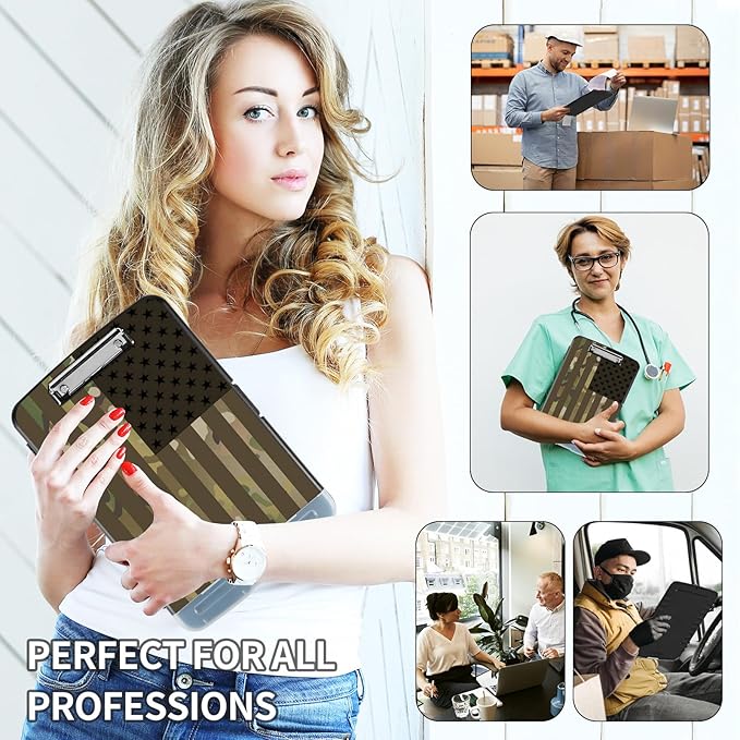 Clipboard with Storage,Clip Boards 8.5X11 with Storage & Pen Holder,Heavy Duty Plastic Nursing Clipboards Foldable,Coaches Clipboard Folder Case,School Office Supplies，USA Flag Camouflage