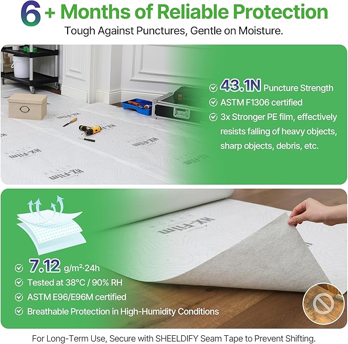 39" x50' Heavy-Duty Floor Protection | Construction Grade Carpet Protector | Drop Cloth Plastic Film for Hardwood Floors | Waterproof Painters Covering with No Residue(Summit White)