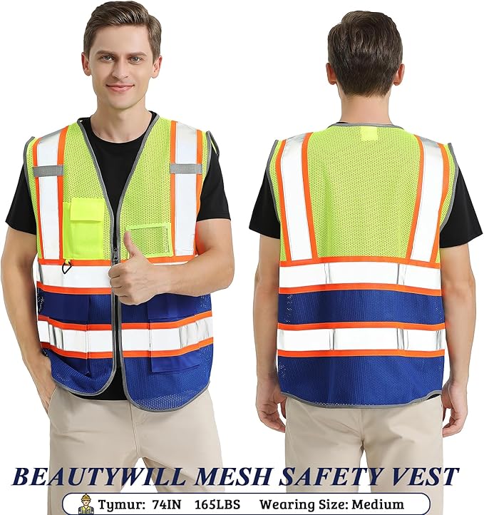 BeautyWill Custom Safety Vest Customized Logo Mesh Vest Class2 High Visibility Reflective Vest with Pockets Blue workwear（Yellow Blue，S ）
