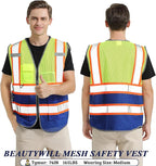 BeautyWill Custom Safety Vest Customized Logo Mesh Vest Class2 High Visibility Reflective Vest with Pockets Blue Workwear（Yellow Blue，L）