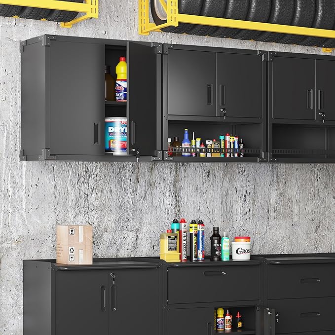 Metal Garage Wall Cabinet with Lock, Wall Mounted Metal Storage Cabinets with Doors and Shelf, Lockable Floating Tool Storage for Garage Basement Utility Room