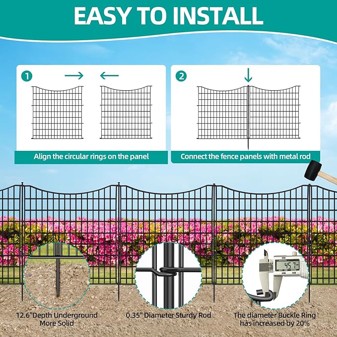 12 Panels No Dig Decorative Garden Fence, 33 in(H) X 27 ft(L) Garden Fencing Animal Barrier, Dogs Rabbits Pets Blocker, Rustproof Metal Decorative Fences for Yard, Outdoor, Patio