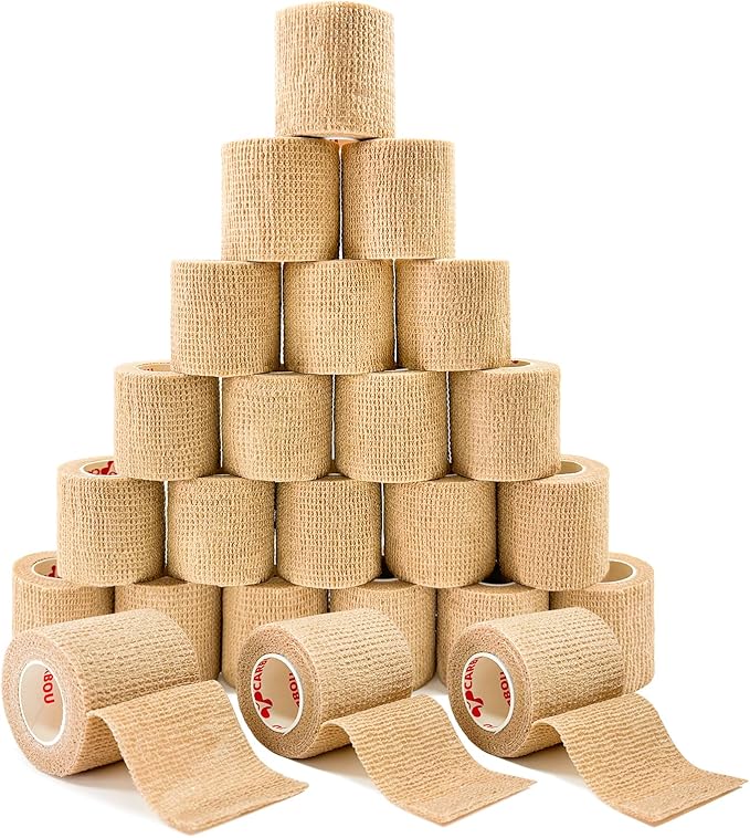 [24 Pack 2" x5 Yards] Carbou Self Adhesive Bandages Pre Wrap, Athletic Elastic Cohesive Bandage for Sports, Injuries, Treatments, and Recovery, First Aid Tape Vet Wrap for Cat, Dog