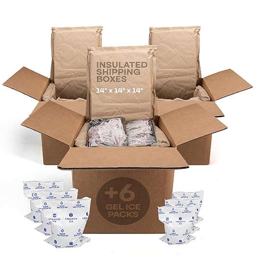 Insulated Thermal Shipping Boxes 14"x14"x14" with 2 Gel Ice Packs, Pack of 3 - USA-Made Cold Food Shipping Box with Absorb Condensation Thermal-Paper Liner - Frozen Food Shipping Kit by IDL Packaging