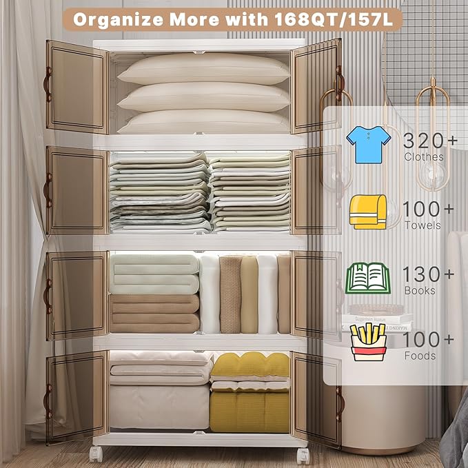 Extra Large Stackable Storage Bins with Lids & Wheels, Foldable Plastic Storage Bins (White, 672QT-168QT/42GAL*4Pack)