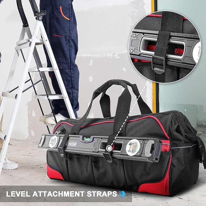 HAUTMEC 24" Large Pro Tool Bag, Heavy-Duty 1680D Double-Layer Fabric Wide Mouth Tool Bag with Metal Frame & Thickened Base, Padded Shoulder Strap & Rotary Buckle, 36 Pockets & Level Holder - HT0284