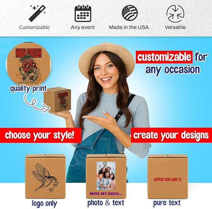 MT Products Custom Printed Kraft Cardboard Shipping Boxes 5" x 5" x 5" - Personalized Mailing Boxes and for Gifting